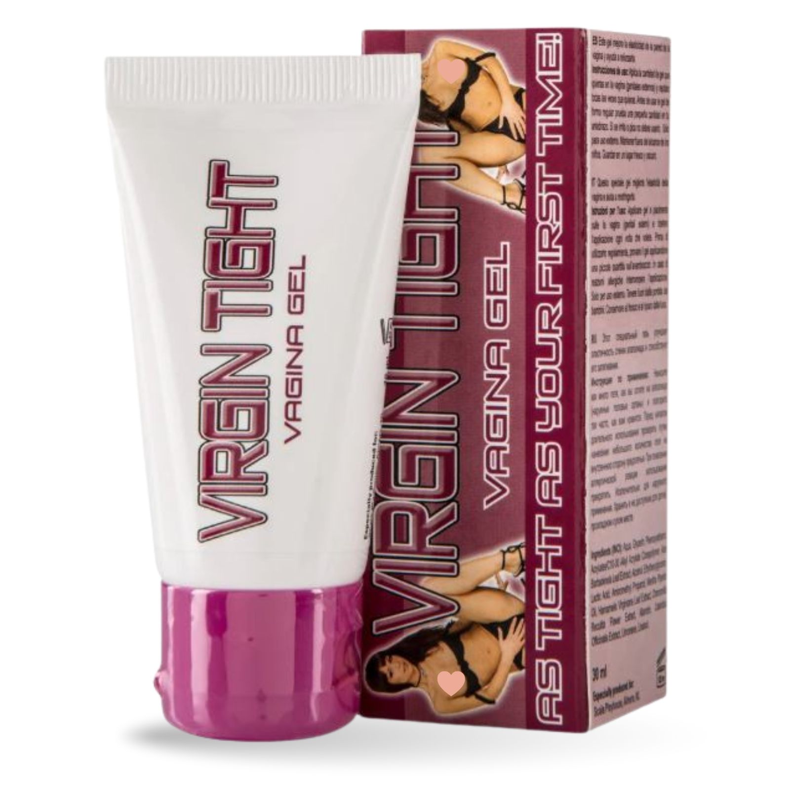 Witte en roze tube met de tekst VIRGIN TIGHT VAGINA GEL. Daarnaast een verpakking met productafbeelding en tekst.