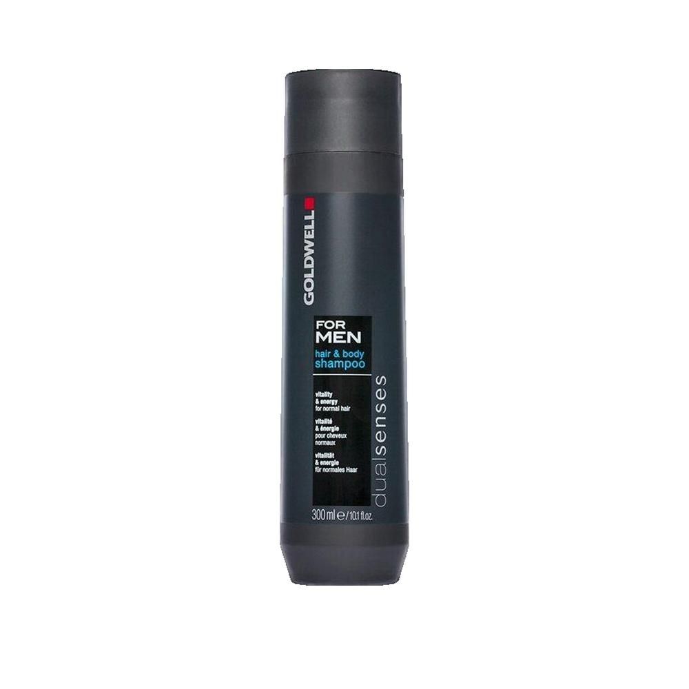 Flacon de shampooing gris foncé. Logo Goldwell et texte "FOR MEN hair & body shampoo". Nom du produit "dual senses".
