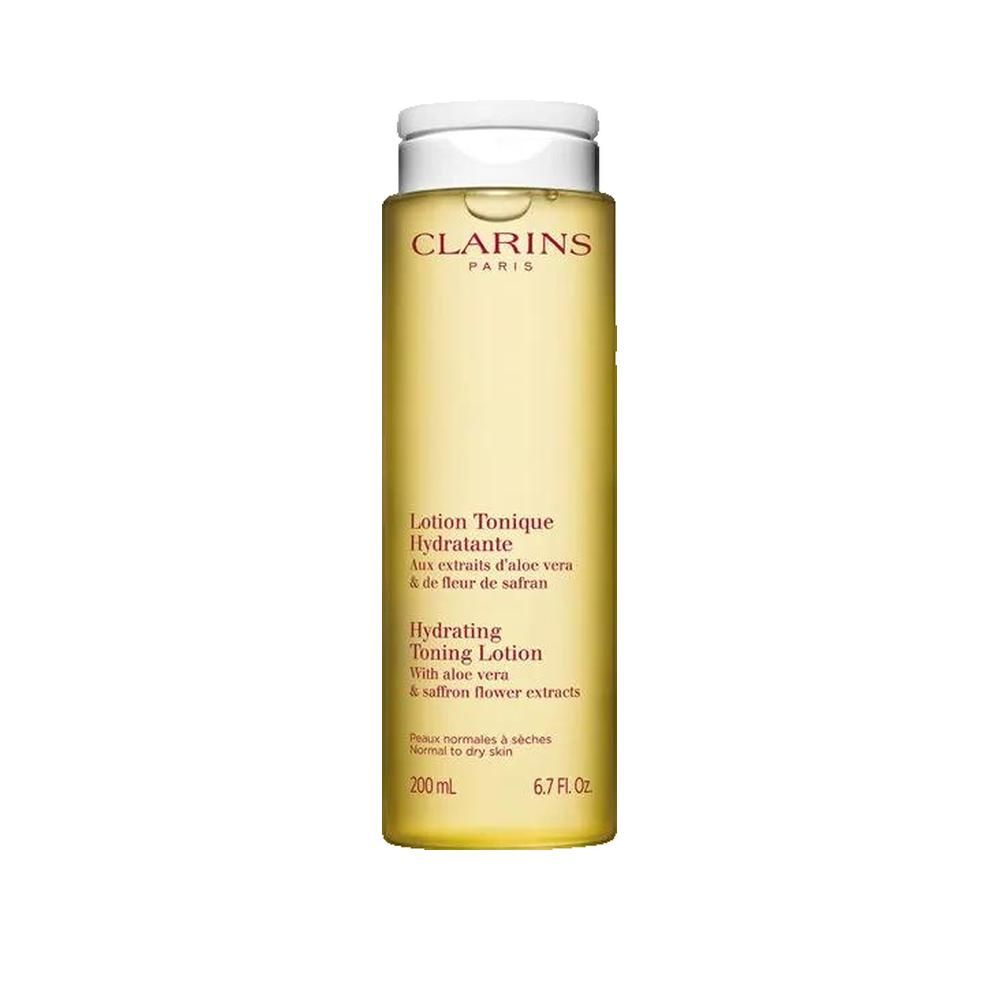 Flacon jaune avec bouchon blanc. Inscriptions: Clarins Paris, Lotion Tonique Hydratante, Hydrating Toning Lotion. Contenance: 200 ml.
