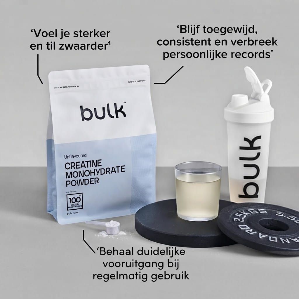 Pak Bulk Creatine Monohydrate Powder, witte shaker, glas met vloeistof en haltergewicht.