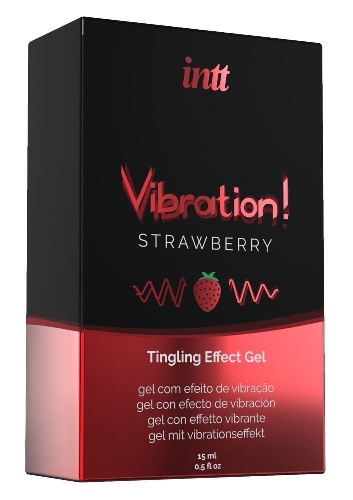 Zwarte verpakking met rode tekst. Productnaam: Vibration! Strawberry Tingling Effect Gel. Merk: INTT. Aardbei-illustratie.