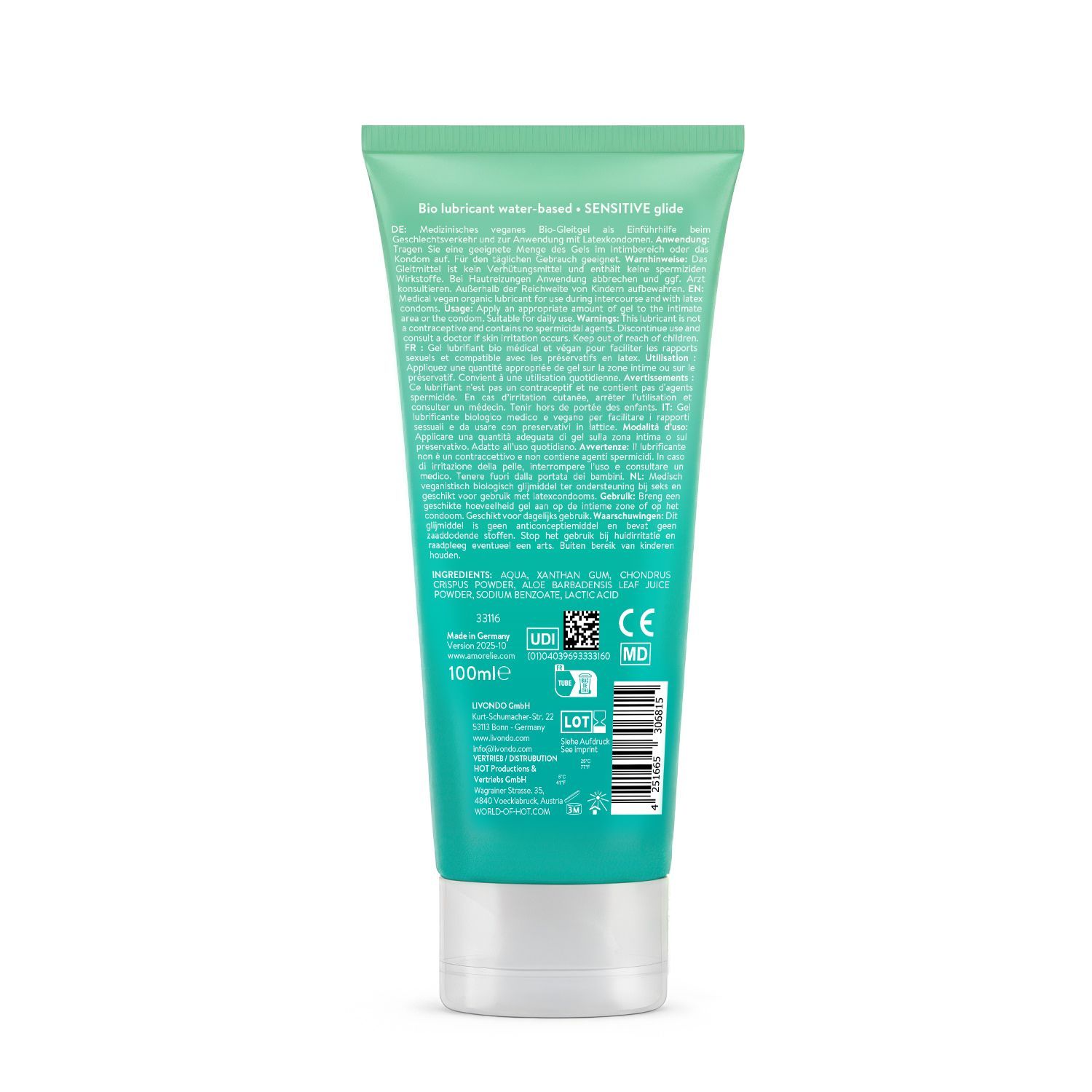 Achterkant van een groene tube. Tekst in het Duits. Bevat informatie en certificeringen.