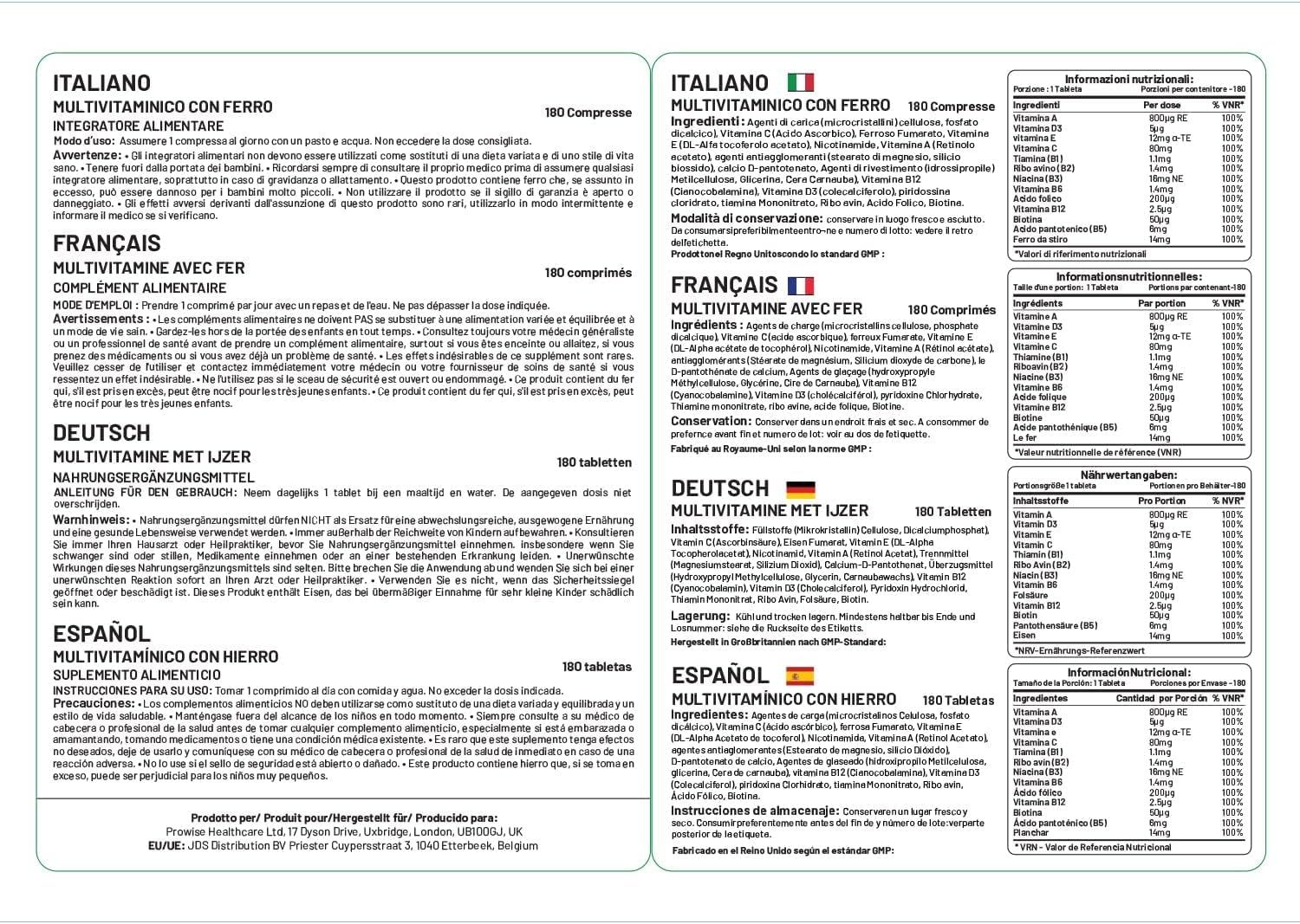 Meertalige brochure met informatie over een multivitamine supplement. Teksten in het Duits, Engels, Frans en Spaans. Bevat ingrediëntentabellen.