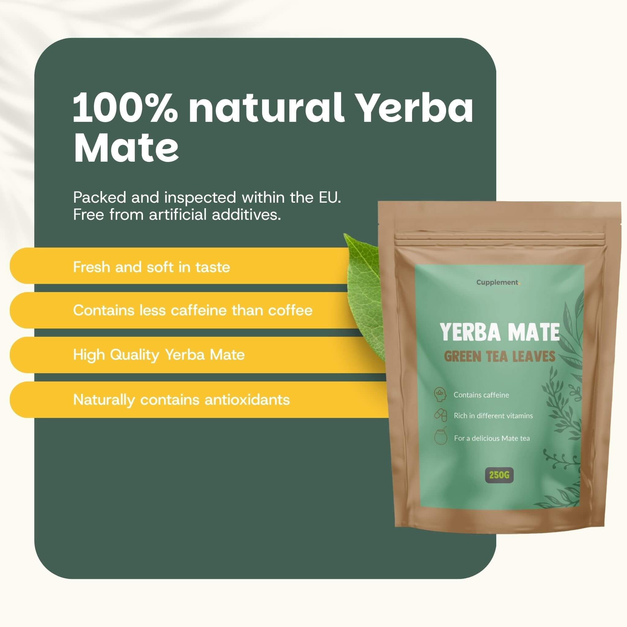 Sachet de Yerba Mate Green Tea Leaves. Texte : Nos clients nous évaluent à 4,7 sur 5 étoiles. Citations de clients.