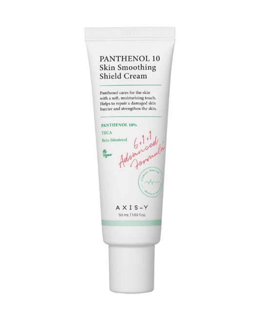 Tube AXIS-Y Panthenol 10 Skin Smoothing Shield Cream. Blanc, avec des accents verts et rouges. 50 ml/1,69 fl.oz.