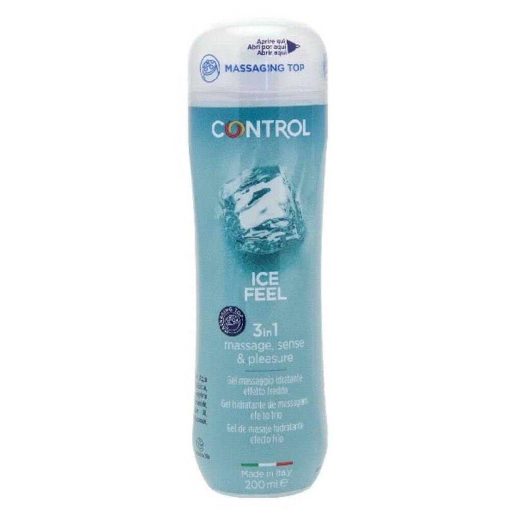 Flacon de gel de massage Control Ice Feel avec design cristal de glace et embout massant.