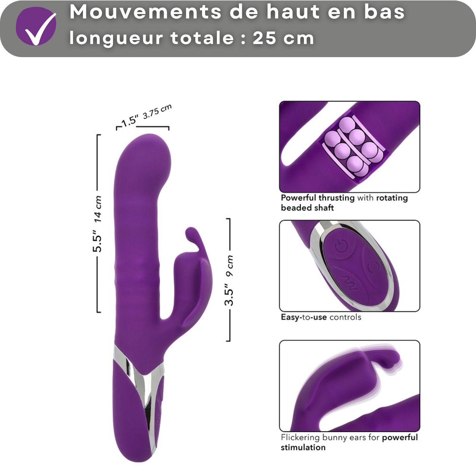 Vibrateur violet avec texte. Texte: Vibrateur avec fonction de poussée et de rotation, 4 modes, 12 modes.