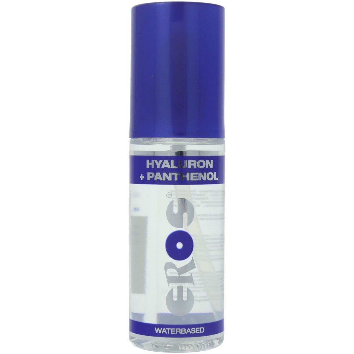Lubrifiant EROS Aqua Hyaluron + Panthenol dans une bouteille transparente avec bouchon bleu.