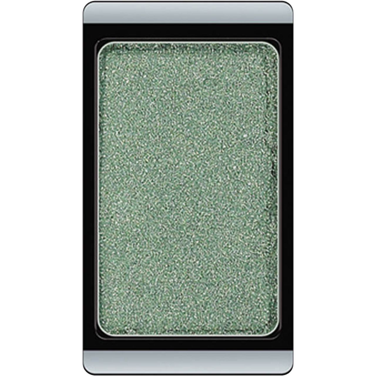 Fard à paupières vert dans un boîtier rectangulaire noir et argent.