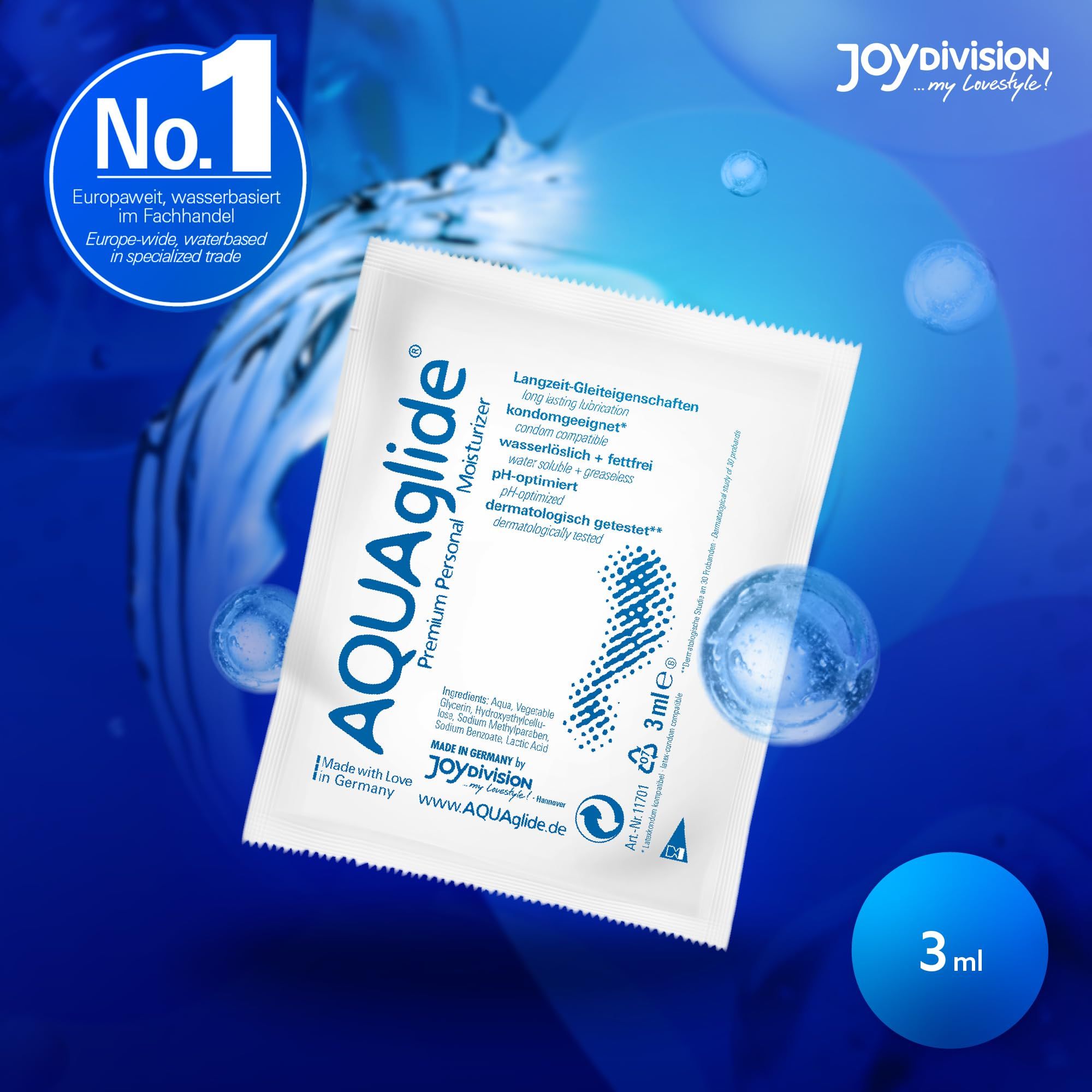 Joydivision AQUAglide Premium glijmiddel individueel zakje, 3ml, met water splash design.