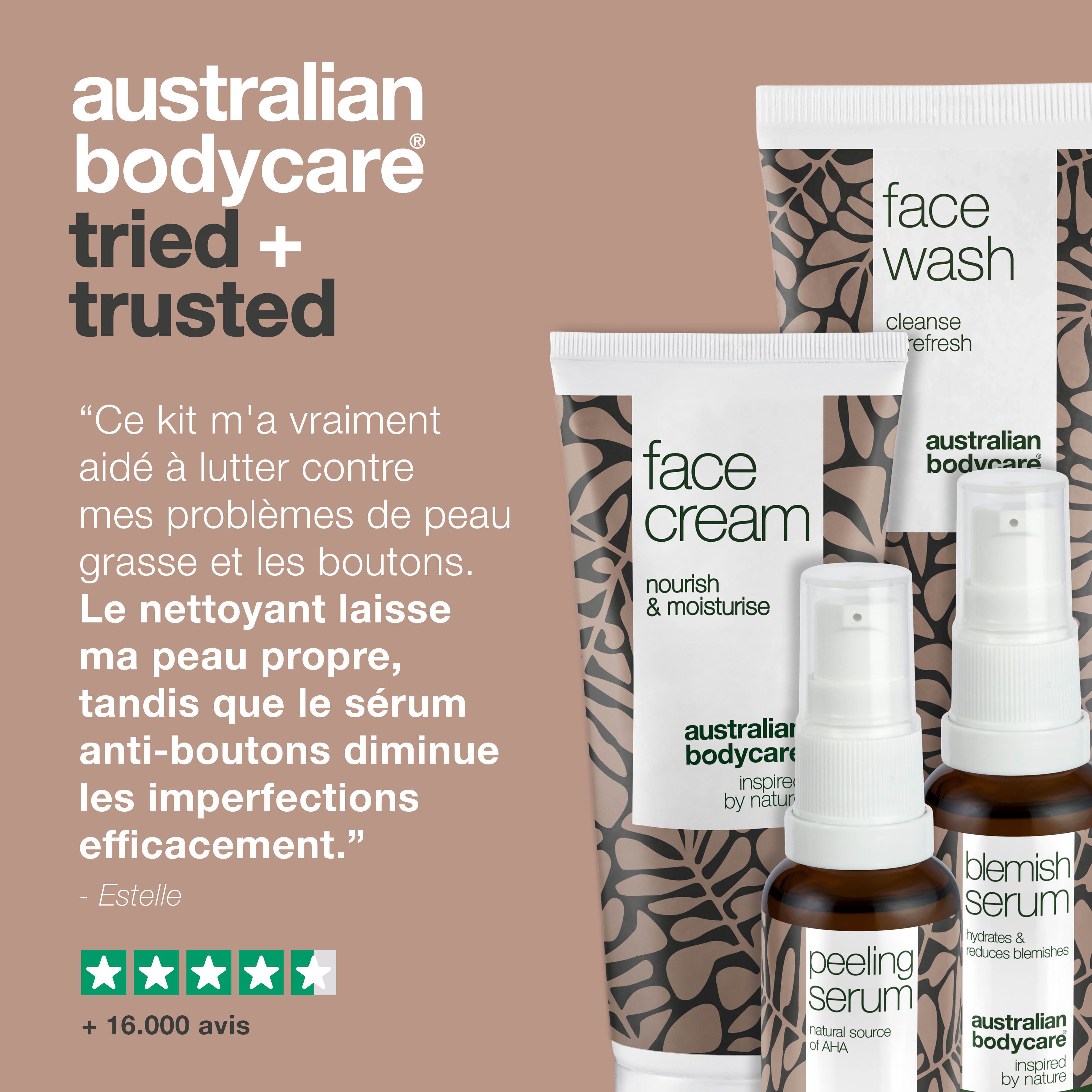 Ensemble Australian Bodycare. Produits : Face Wash, Face Cream, Peeling Serum, Blemish Serum. Citation et évaluation par étoiles.