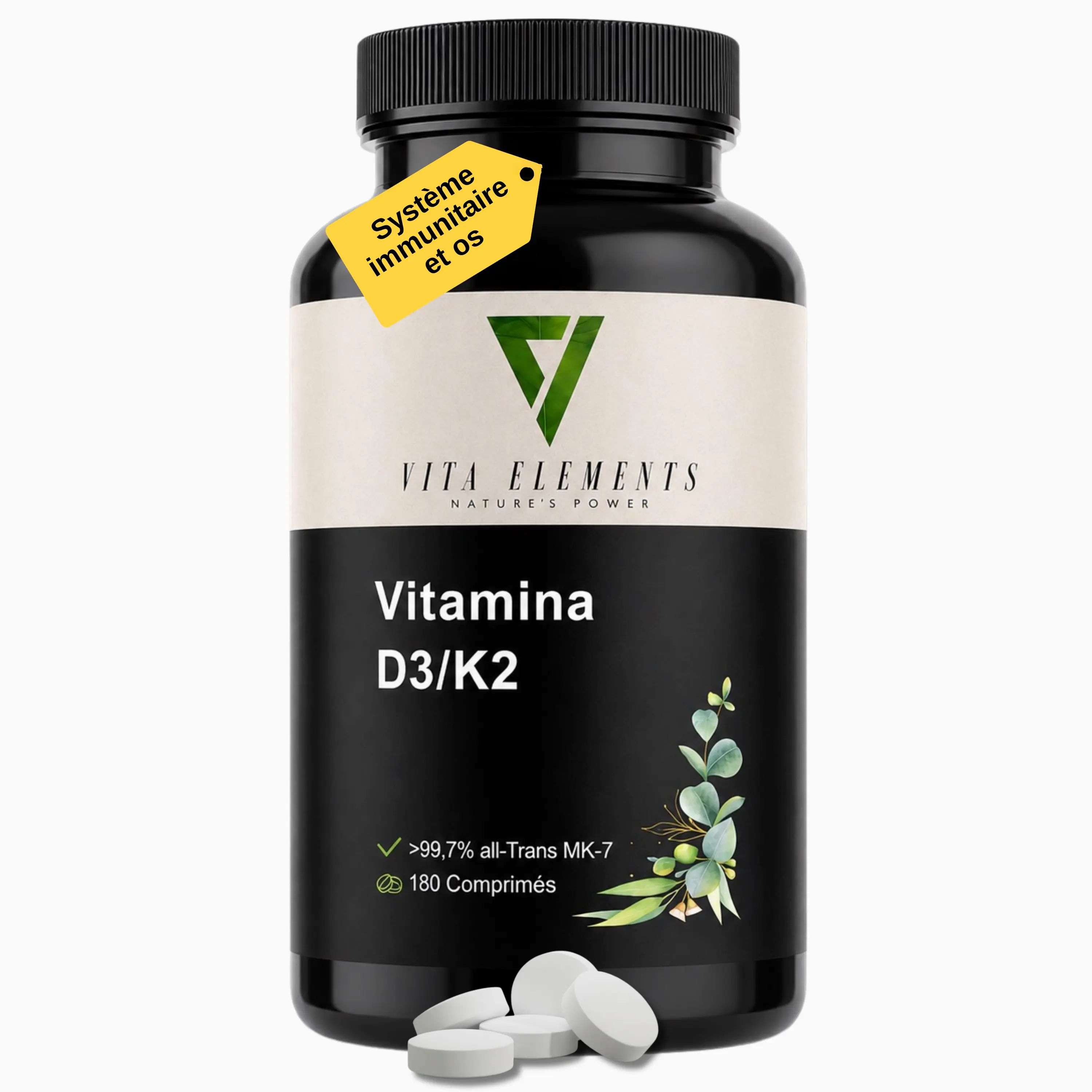 Flacon noir de comprimés Vita Elements Vitamine D3/K2, 180 pièces. Étiquette jaune : Système immunitaire et os.