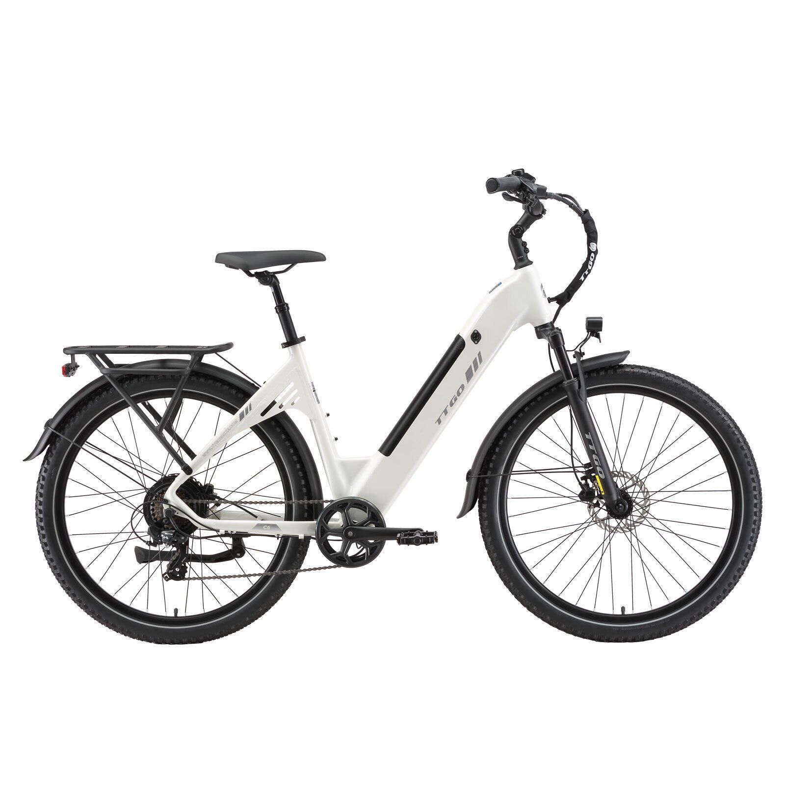 Vélo électrique blanc avec pneus et détails noirs. Porte-bagages, garde-boue et phare visibles.