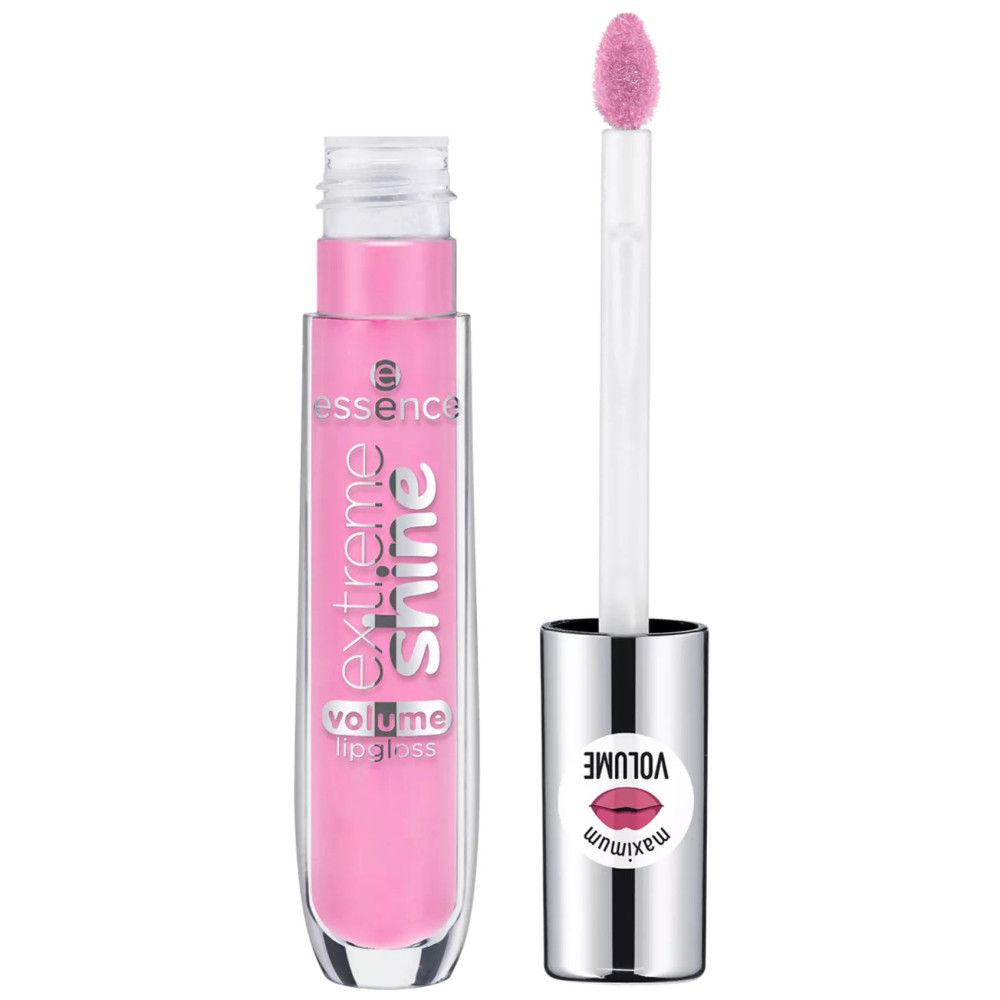 Lipgloss tube met roze inhoud en applicator. Opschrift: Extreme Shine, Volume Lipgloss. Op de dop: Maximum Volume.