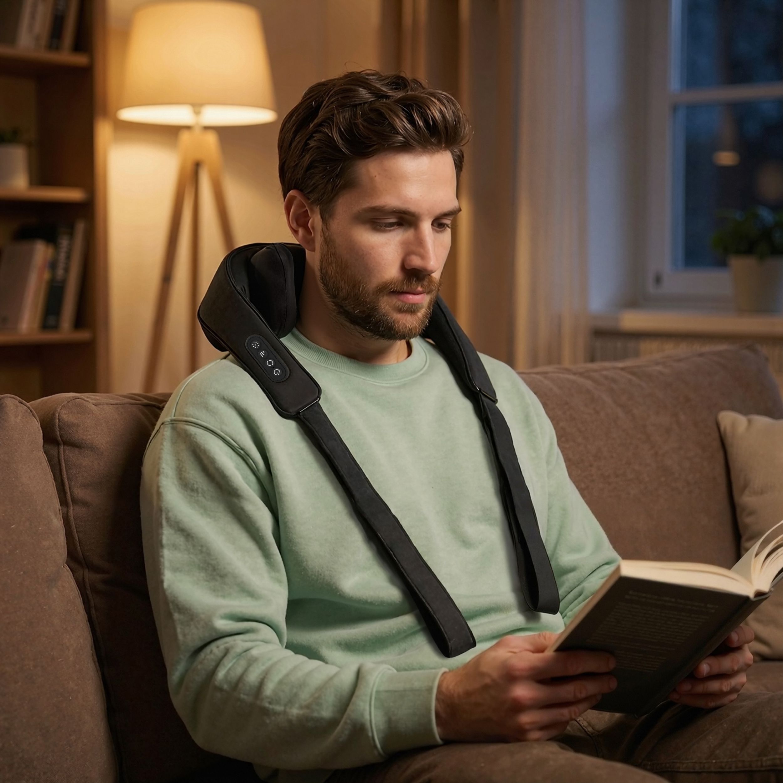 Man op de bank met nekmassager. Hij leest een boek.
