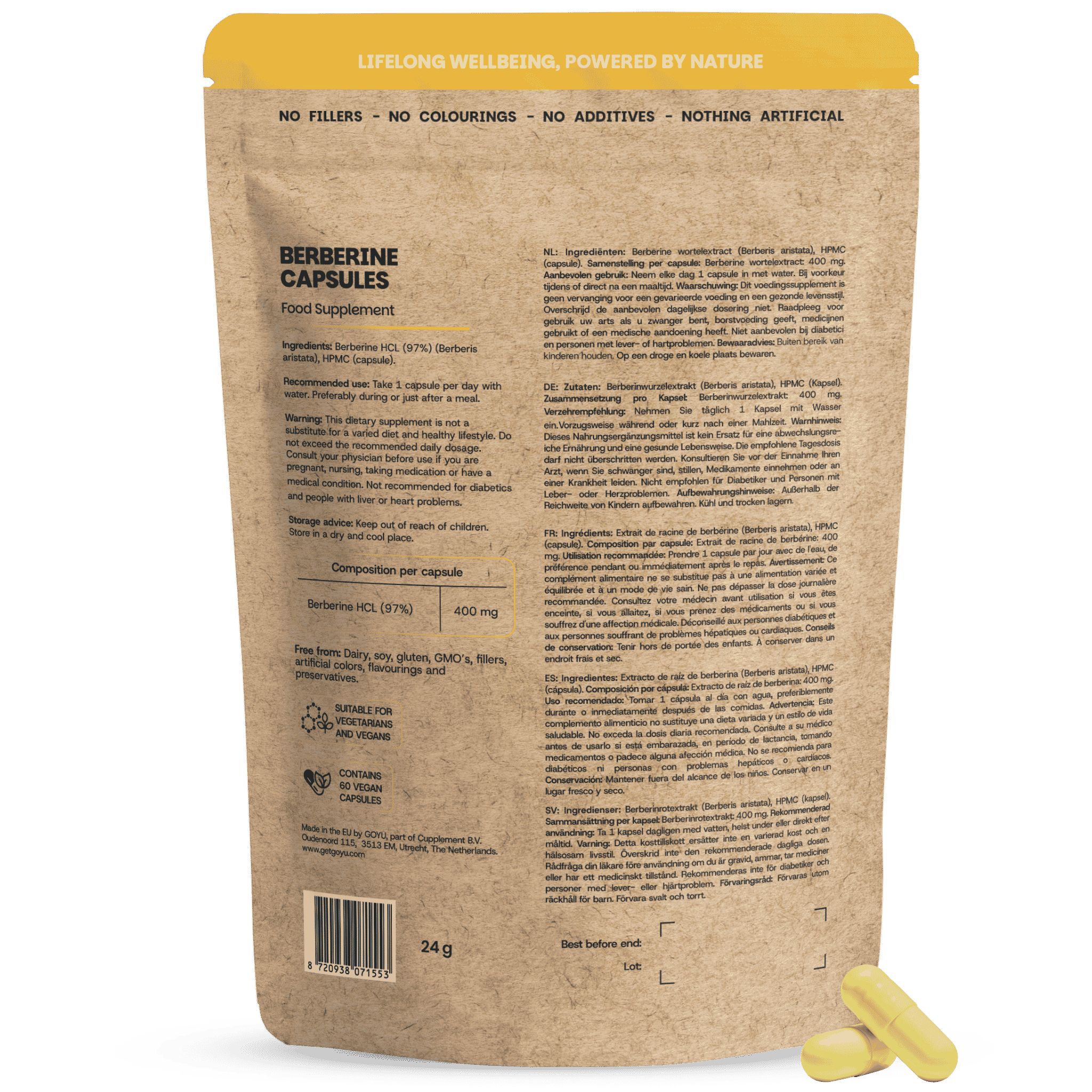 Arrière d'un sachet de gélules de berbérine GOYU avec informations détaillées et ingrédients.