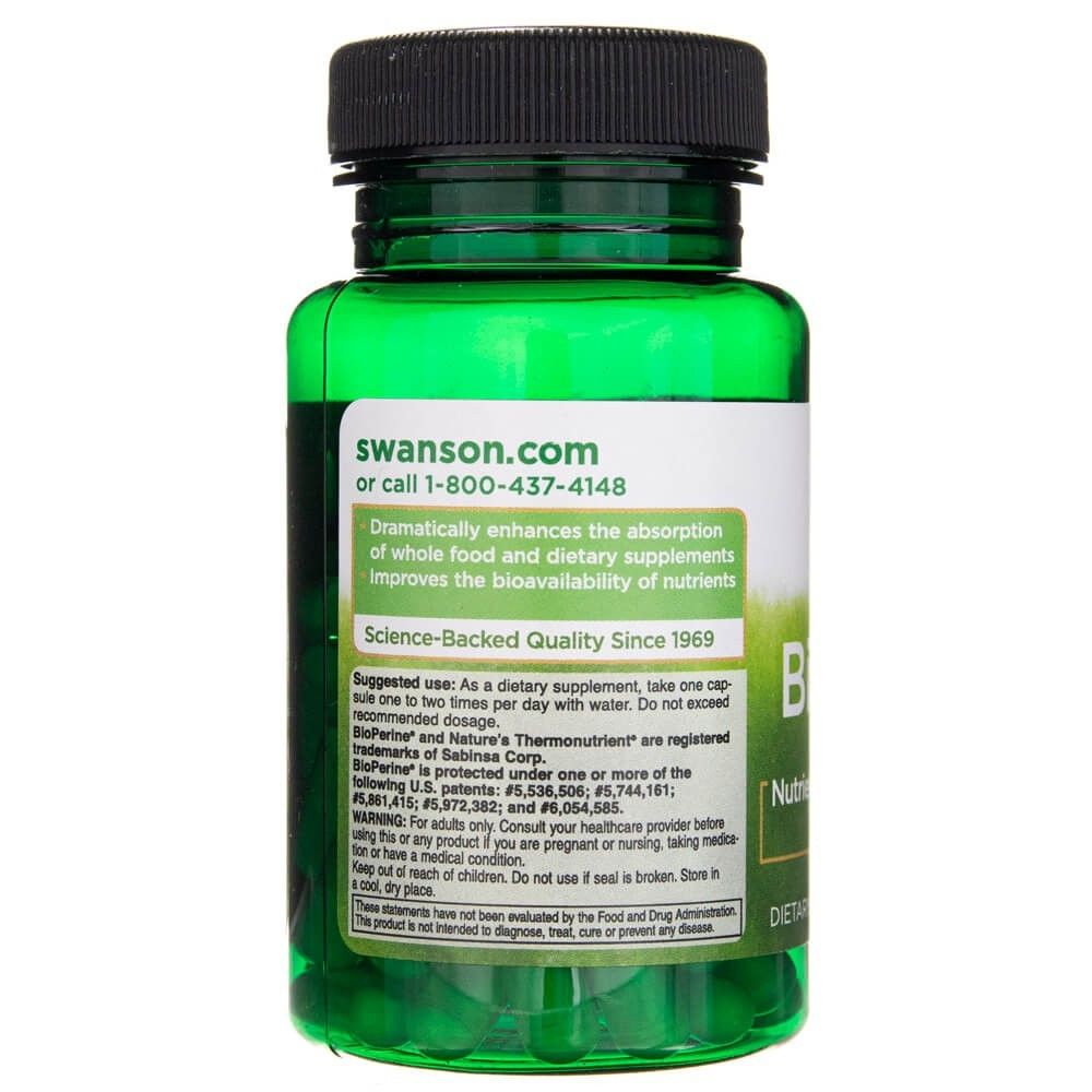 Arrière d'un contenant de capsules Swanson BioPerine avec informations sur l'utilisation et l'origine.