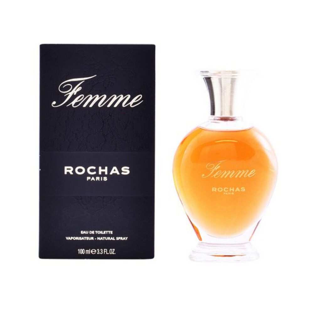Flacon de parfum et boîte. Flacon avec bouchon argenté. Inscription "Femme" et "Rochas Paris". Boîte noire.