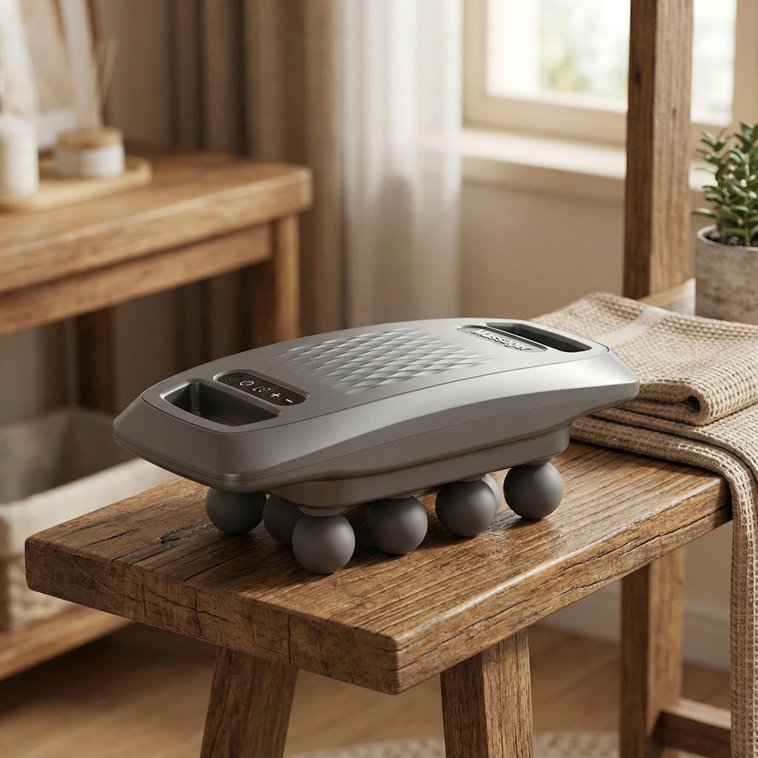 Appareil de massage gris sur une table en bois. Appareil avec plusieurs têtes de massage et panneau de commande. Placé sur une table.