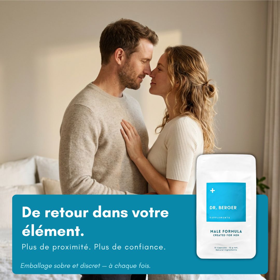 Un couple s'embrasse, un paquet Dr. Berger Male Formula à côté.
