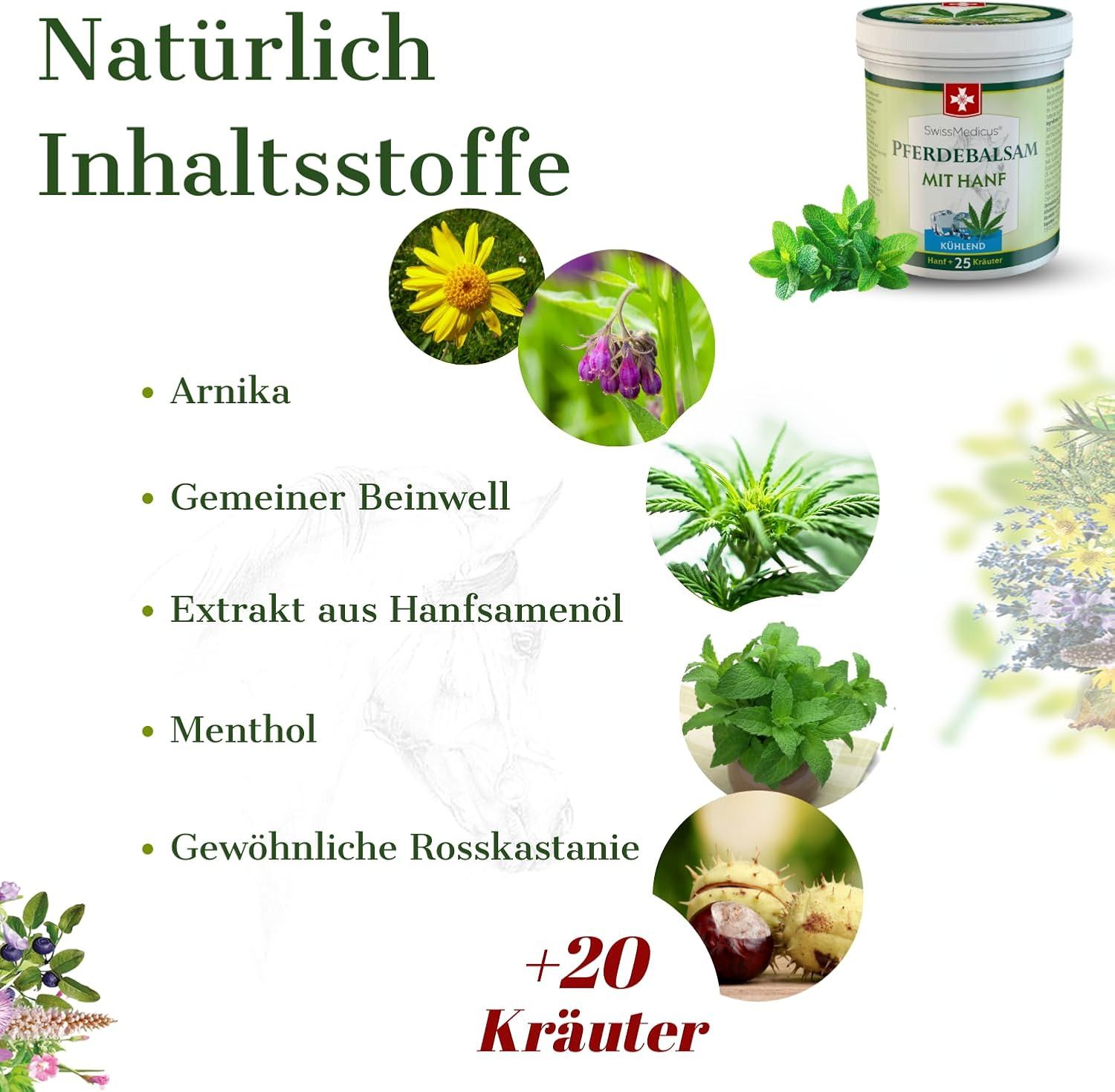 Verschillende kruiden en planten. Naast: SwissMedicus Pferdebalsam mit Hanf. Tekst: Natuurlijke ingrediënten.