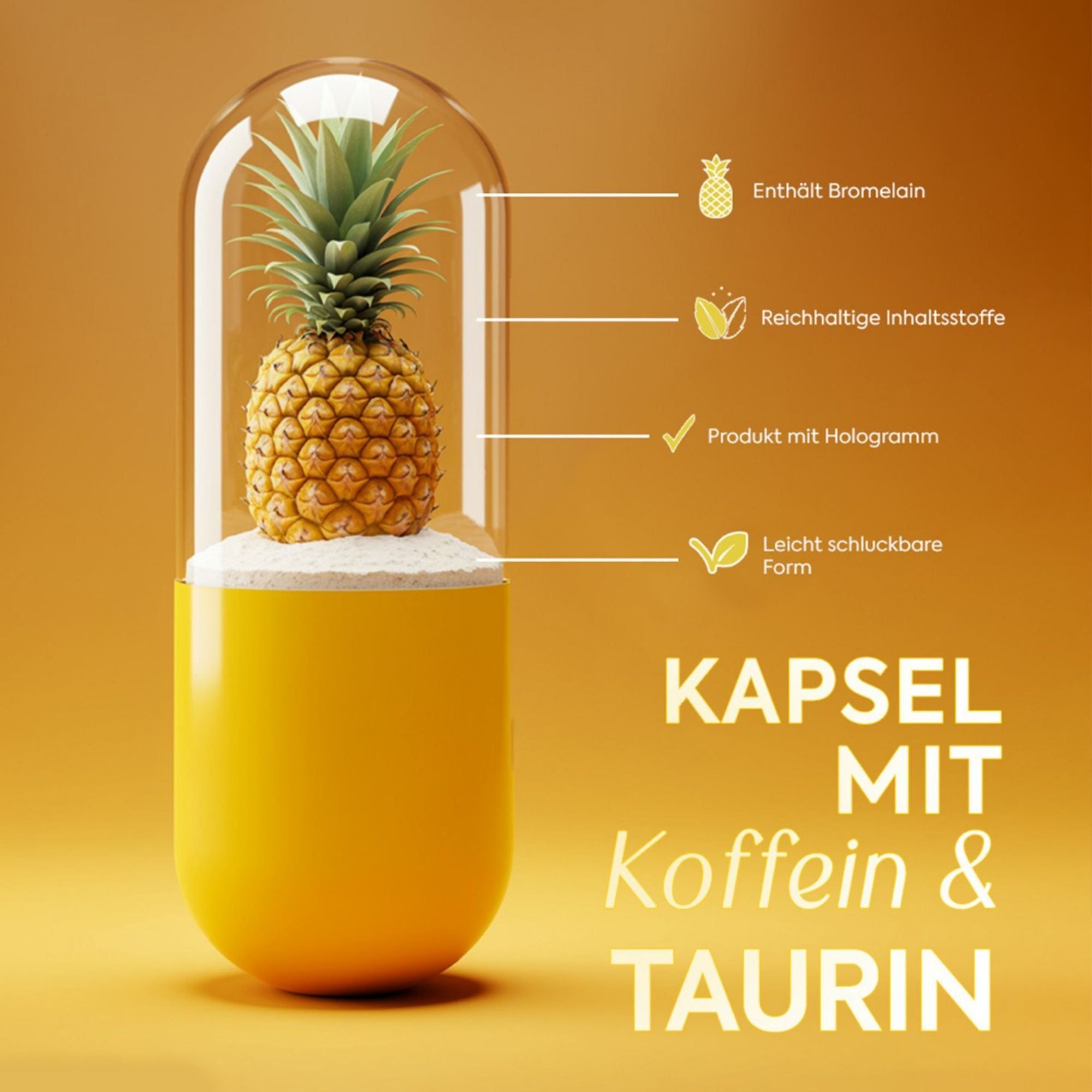 Gélule jaune avec ananas et poudre blanche. Contient de la bromélaïne, de la caféine et de la taurine.