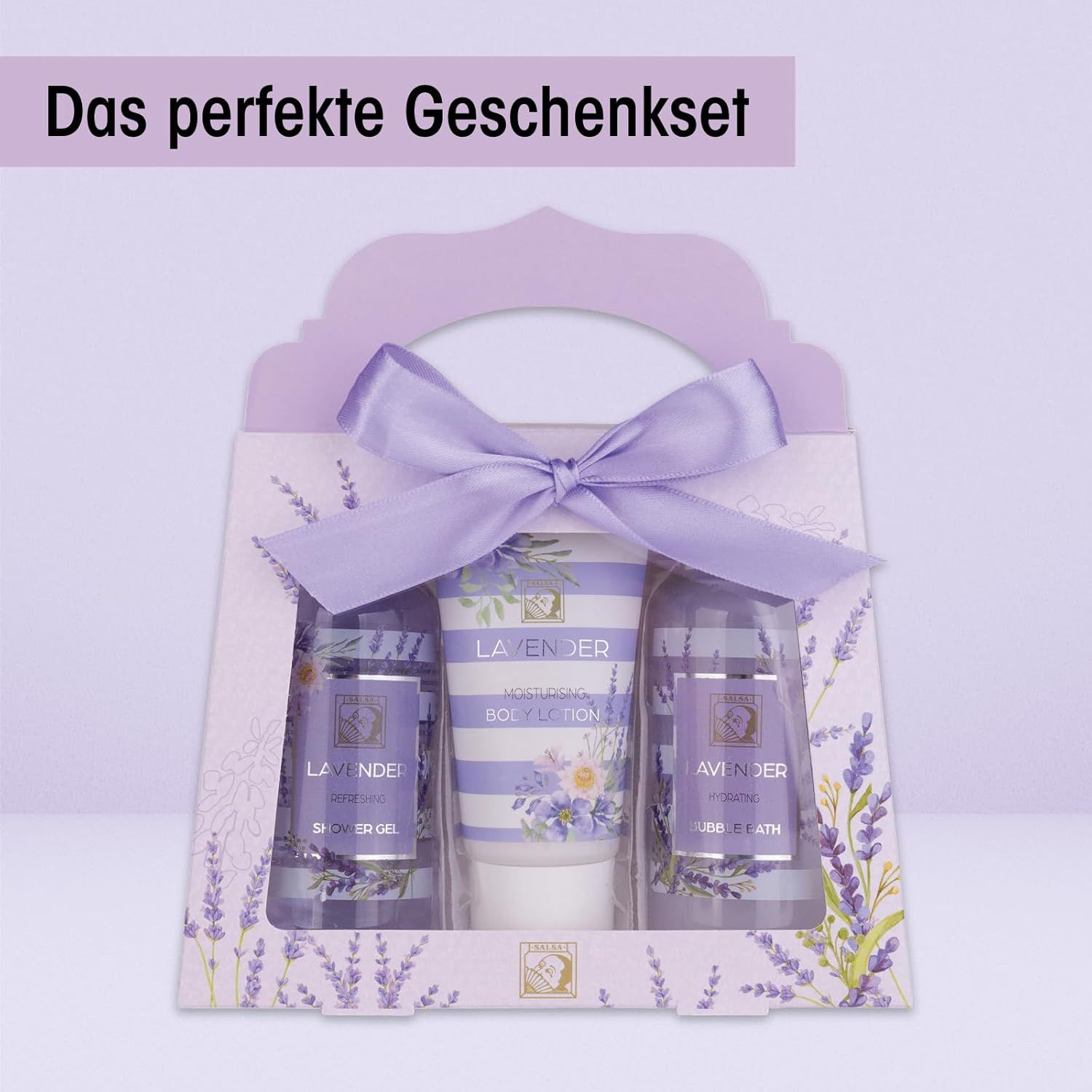 Lavendel geschenkset met douchegel, bodylotion en badzout in paarse verpakking met strik.