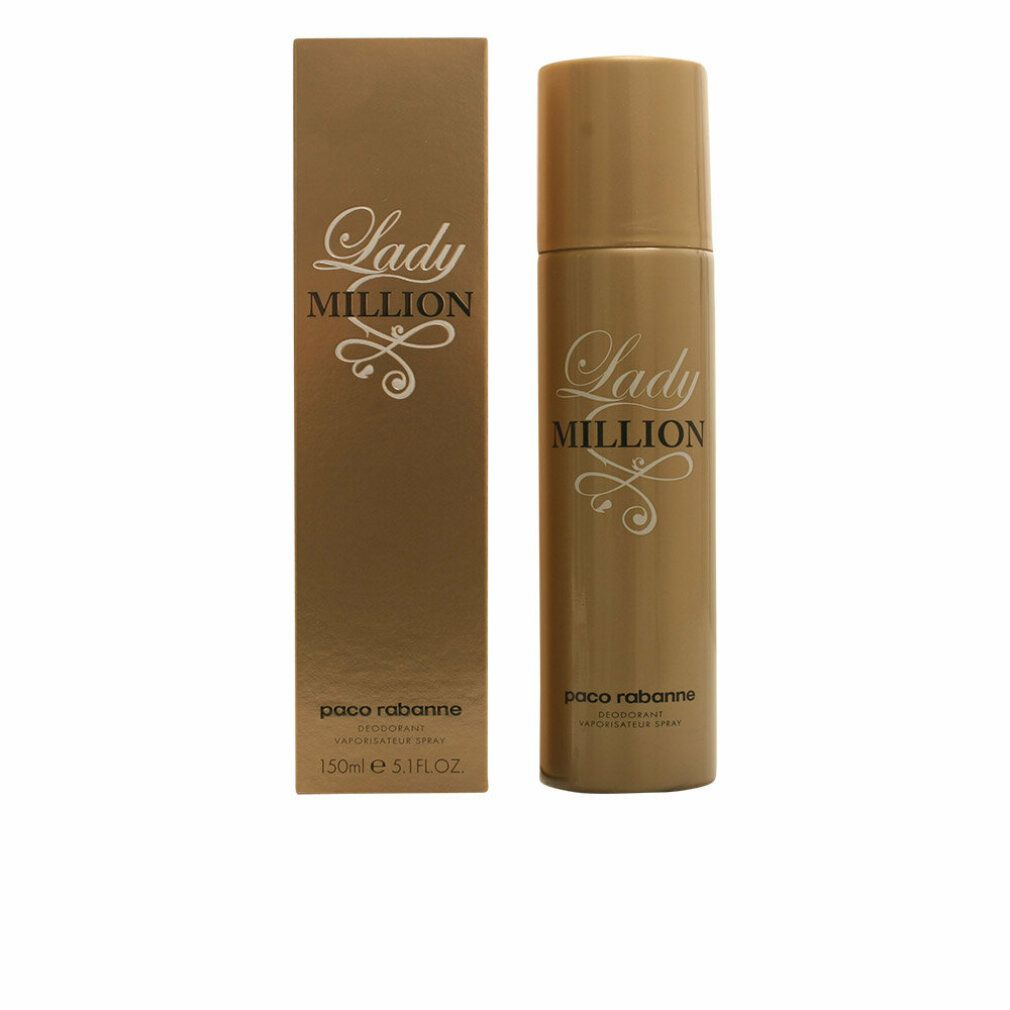 Gouden deodorant spray en verpakking van Paco Rabanne Lady Million. Met witte tekst Lady Million.