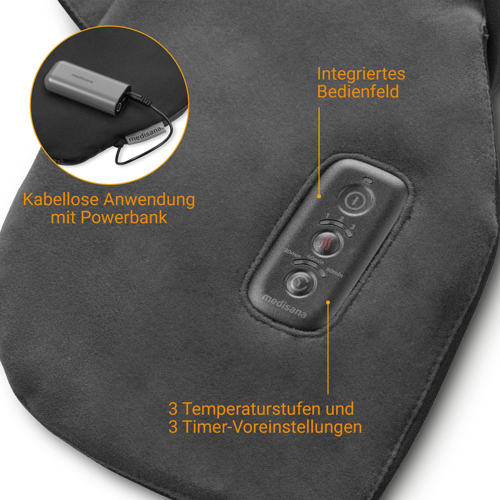 Close-up van het bedieningspaneel van een zwarte verwarmingssjaal met 3 temperatuurniveaus.