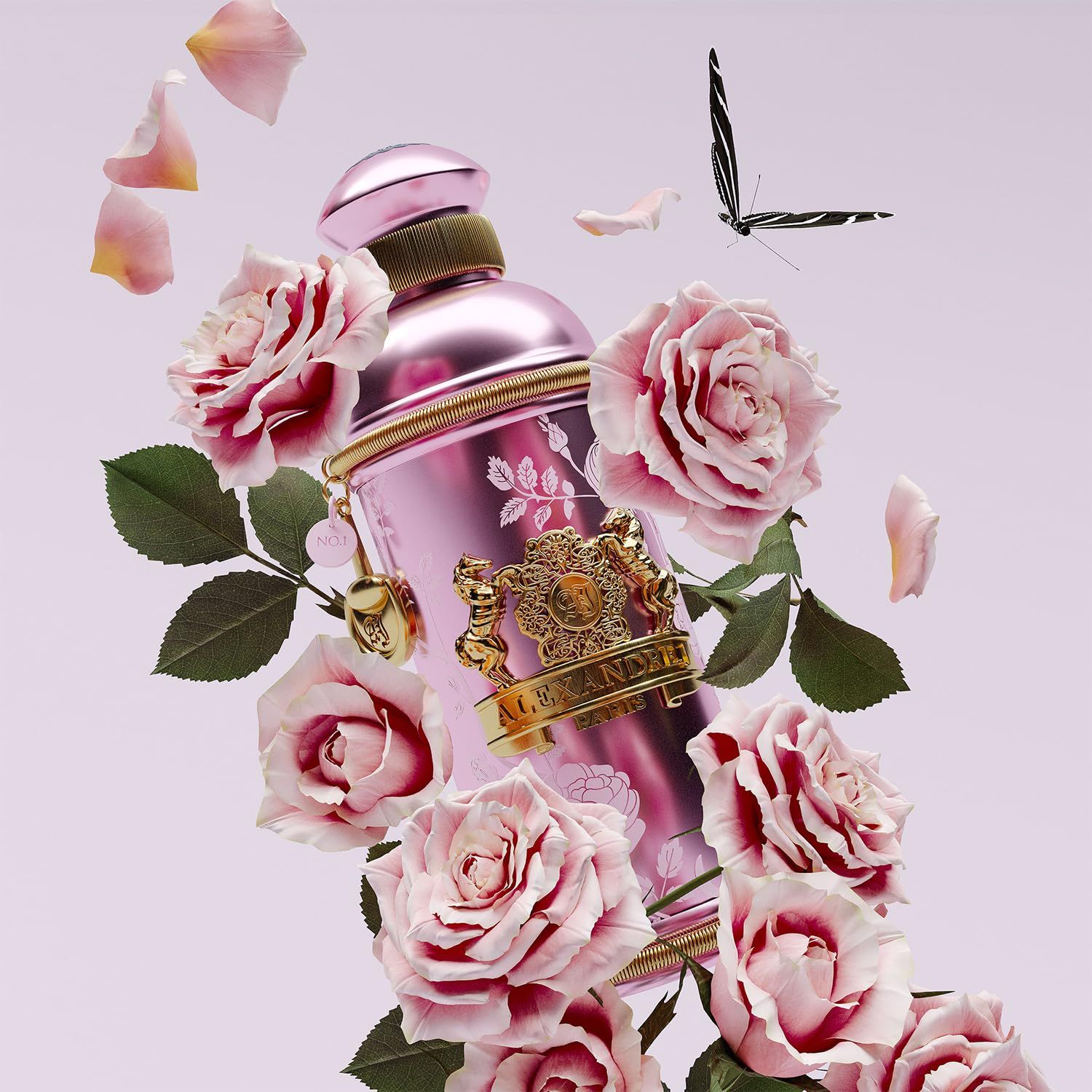 Roze fles met gouden details, omringd door rozen en vlinder. Alexandre.J.