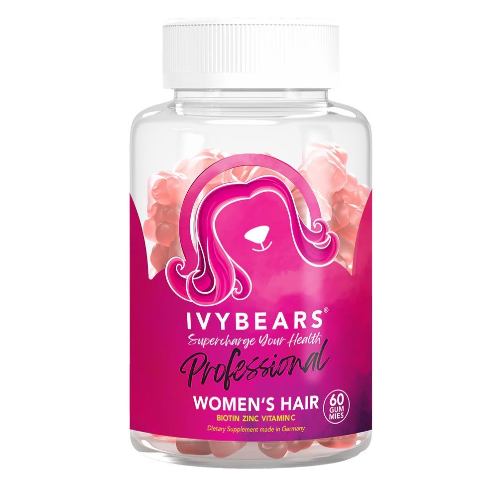 Flacon transparent avec oursons roses. Inscription: IVYBEARS Professional Women's Hair. Contient biotine, zinc et vitamines.