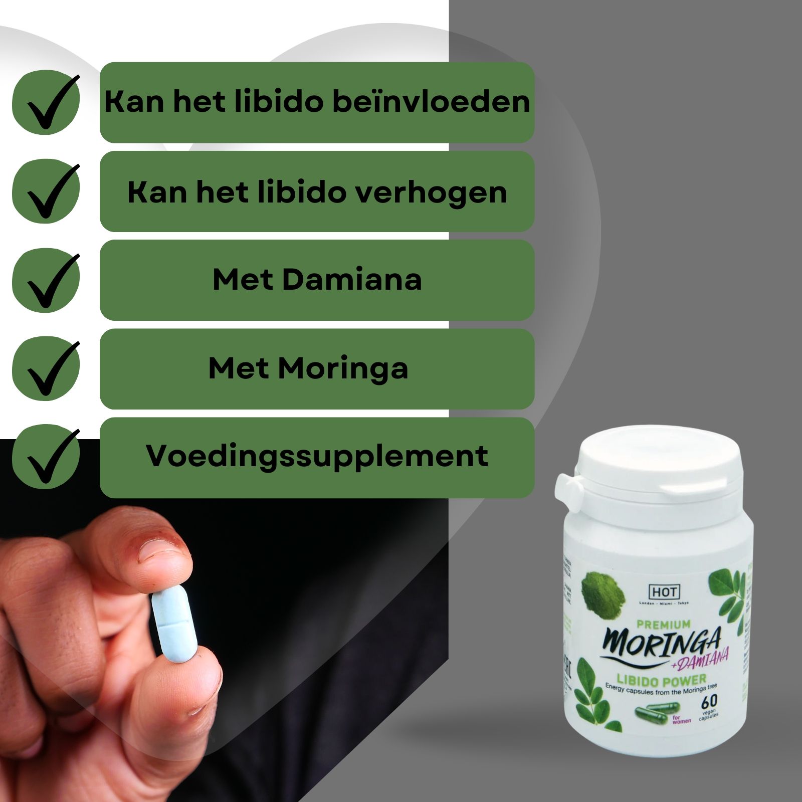 Een hand houdt een blauwe capsule vast naast een fles Moringa + Damiana Libido Power. Achtergrond met tekst.