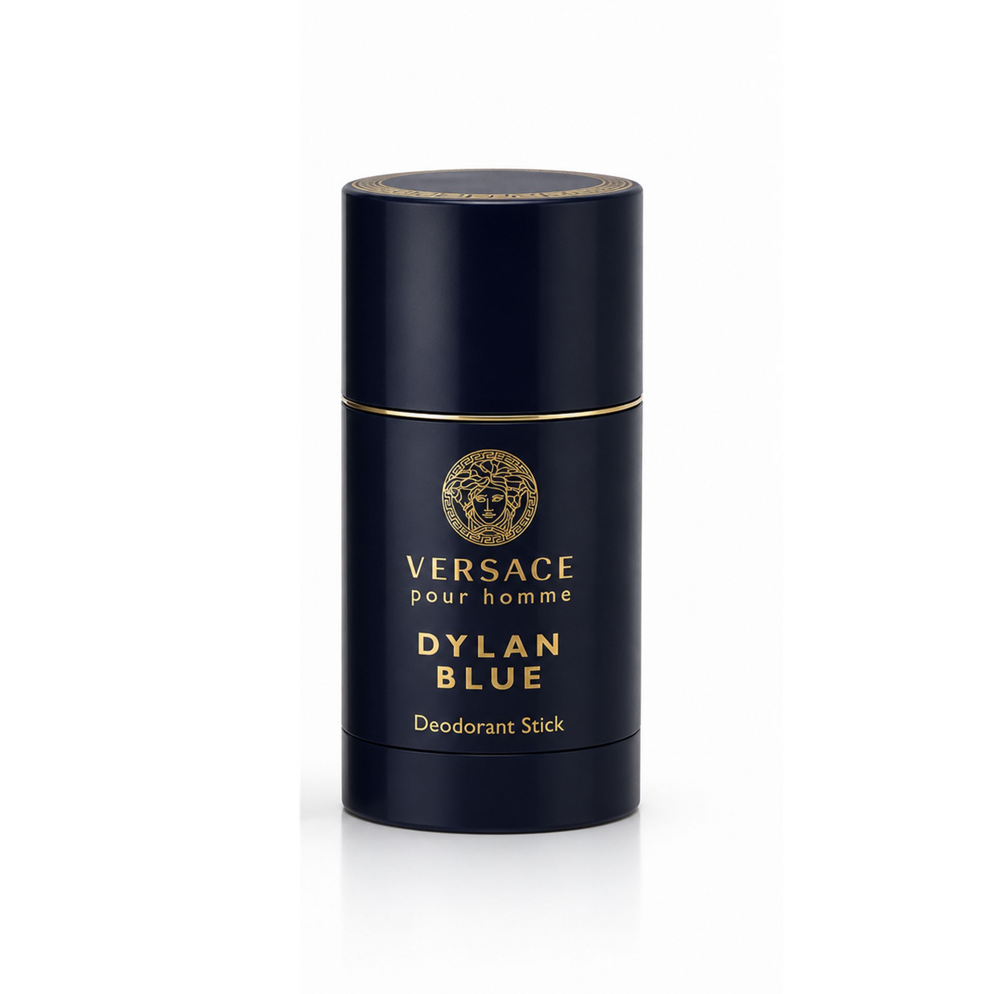 Stylo déodorant Versace Dylan Blue Pour Homme, bleu foncé avec logo Méduse doré et inscription.