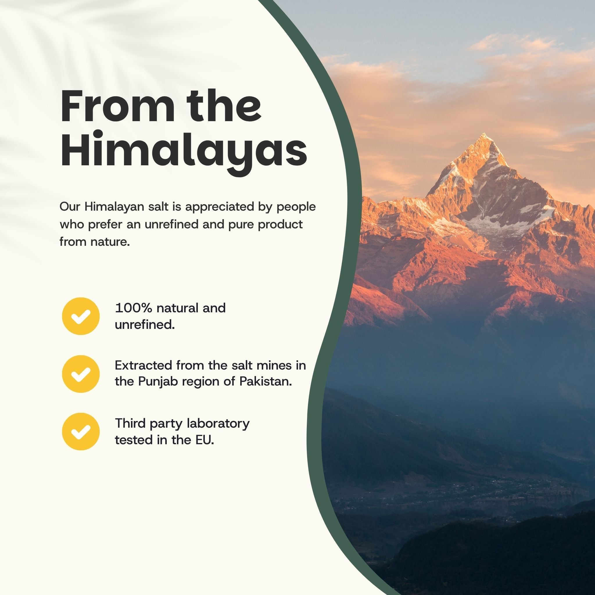 Paysage de montagne. Texte: Des Himalayas. 100% naturel et non raffiné. Des mines de sel du Pakistan. Testé en laboratoire UE.