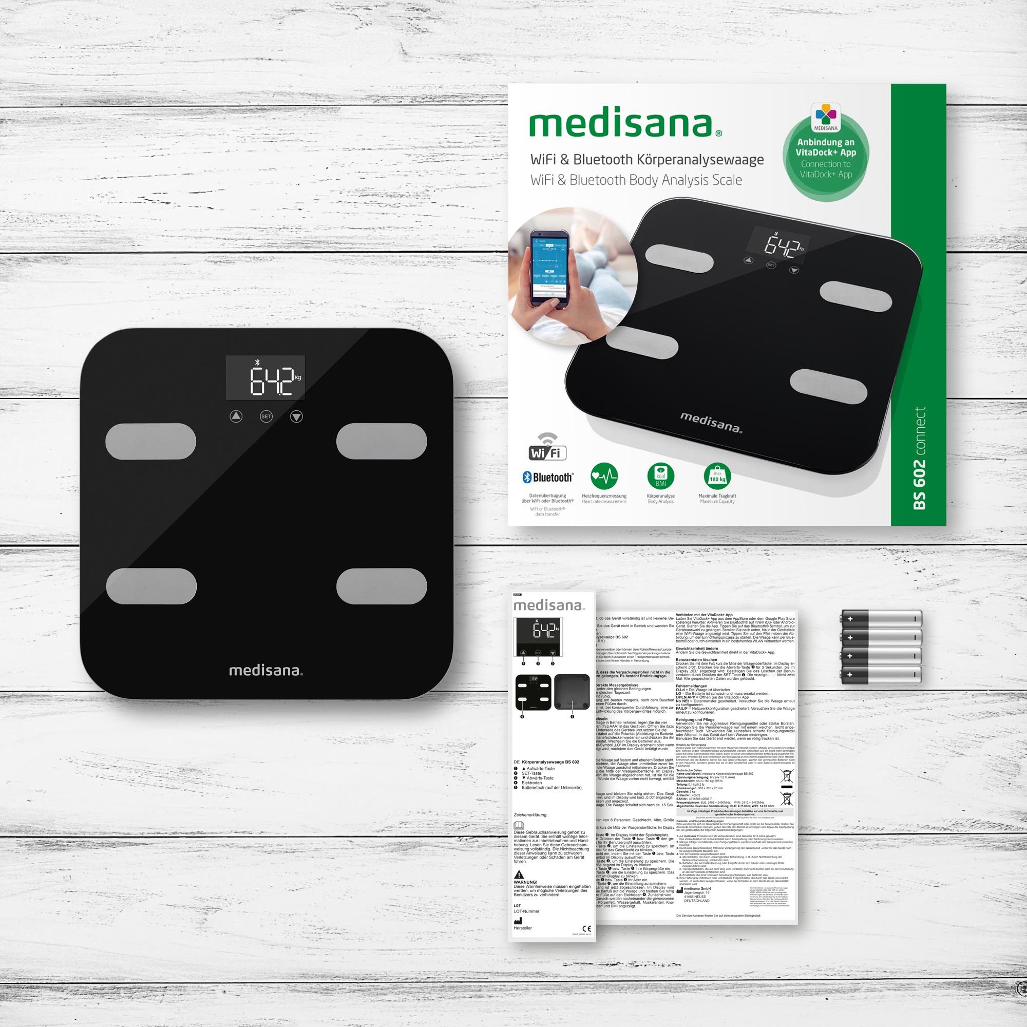 Emballage et accessoires d'une balance d'analyse corporelle : balance, manuel, piles.