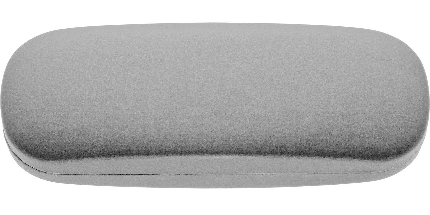Étui rigide ovale gris fermé. Vue de face. Surface lisse.