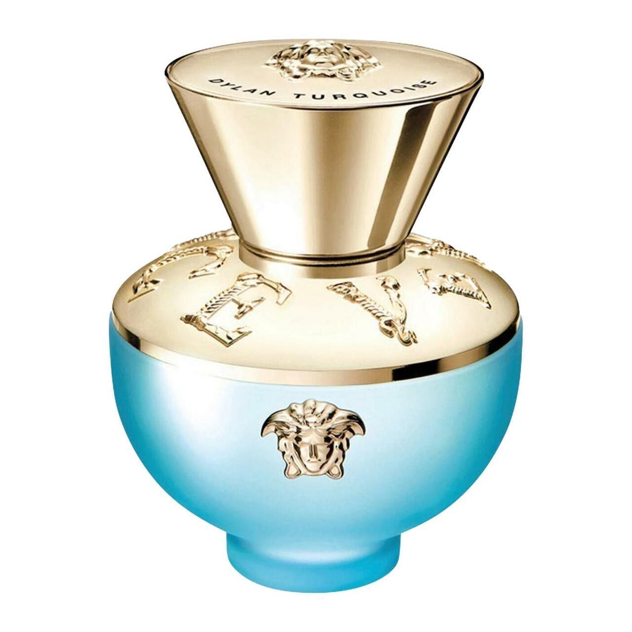 Turquoise fles met gouden dop. Versace-logo en opschrift Dylan Turquoise.