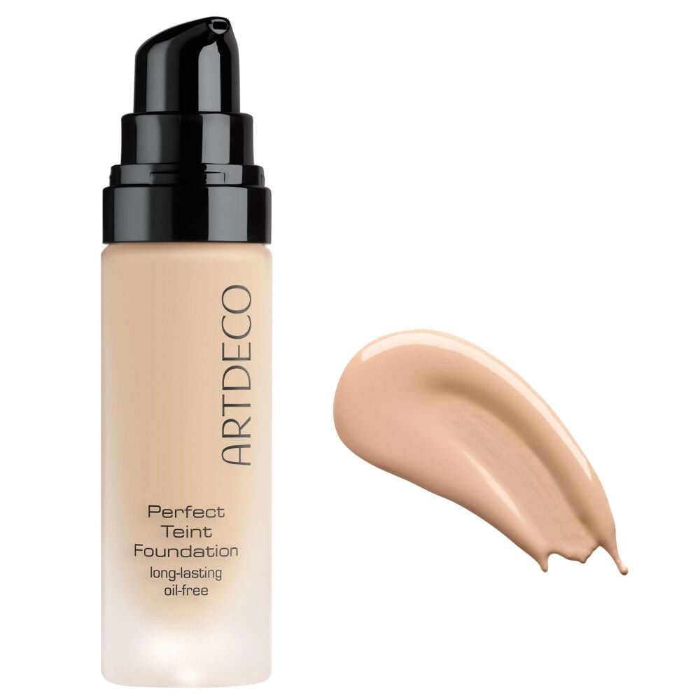 Artdeco Perfect Teint Foundation fles met zwarte pomp en veeg. Opschrift: Perfect Teint Foundation, long-lasting oil-free.