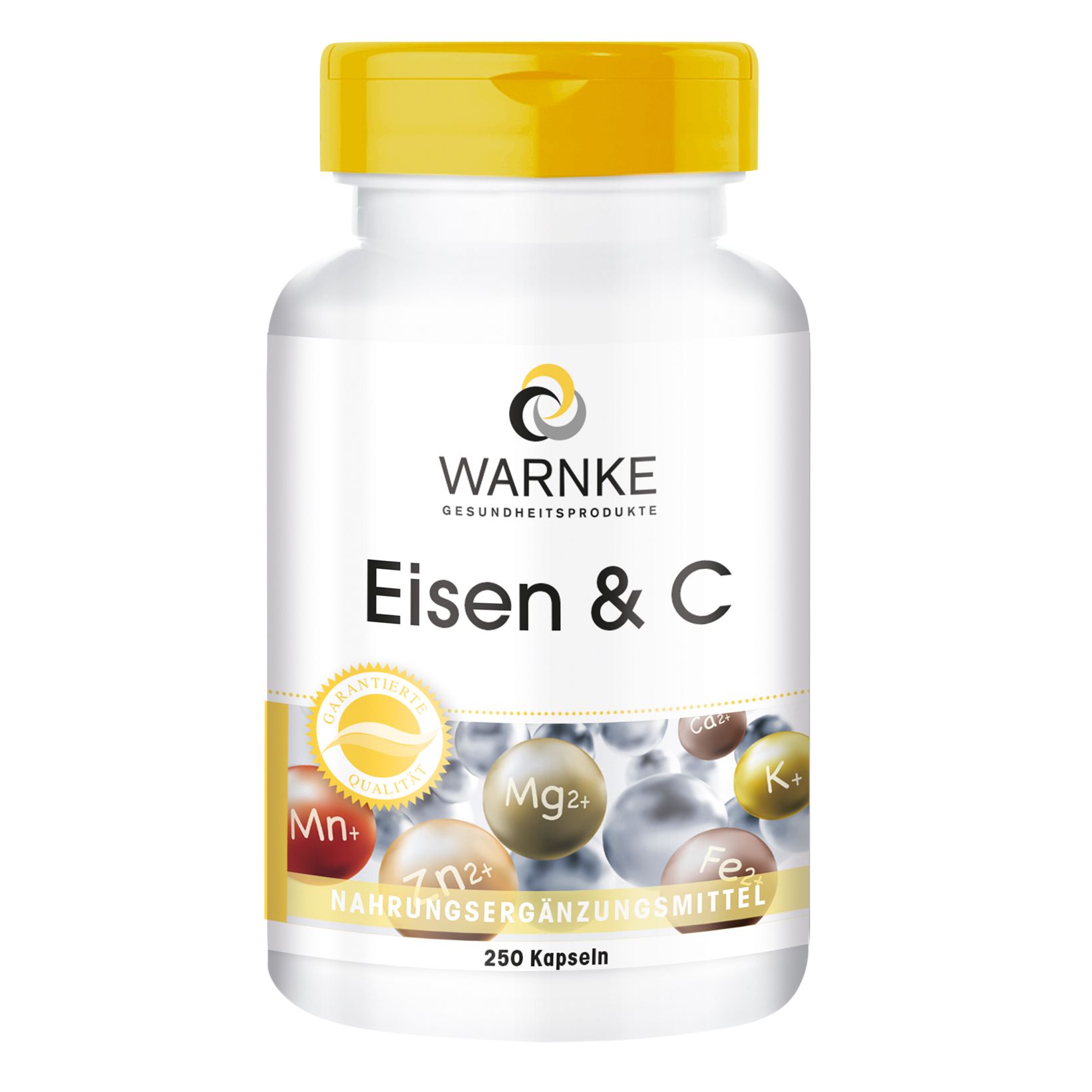 Witte fles met gele dop. Opschrift: Warnke Eisen & C. Voedingssupplement. Illustraties van mineralen.