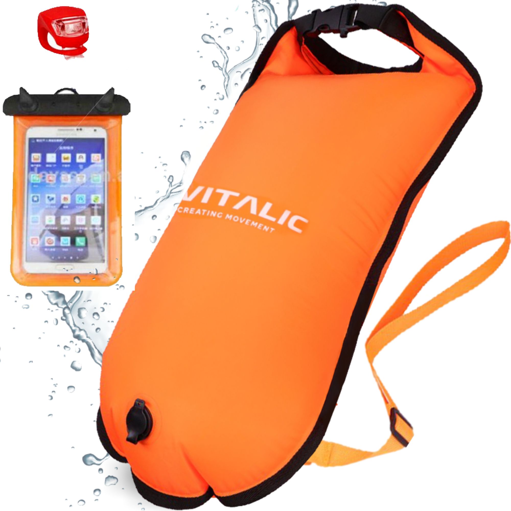 Bouée de natation orange avec bord noir, logo VITALIC et accessoires: étui de téléphone étanche et lumière rouge.