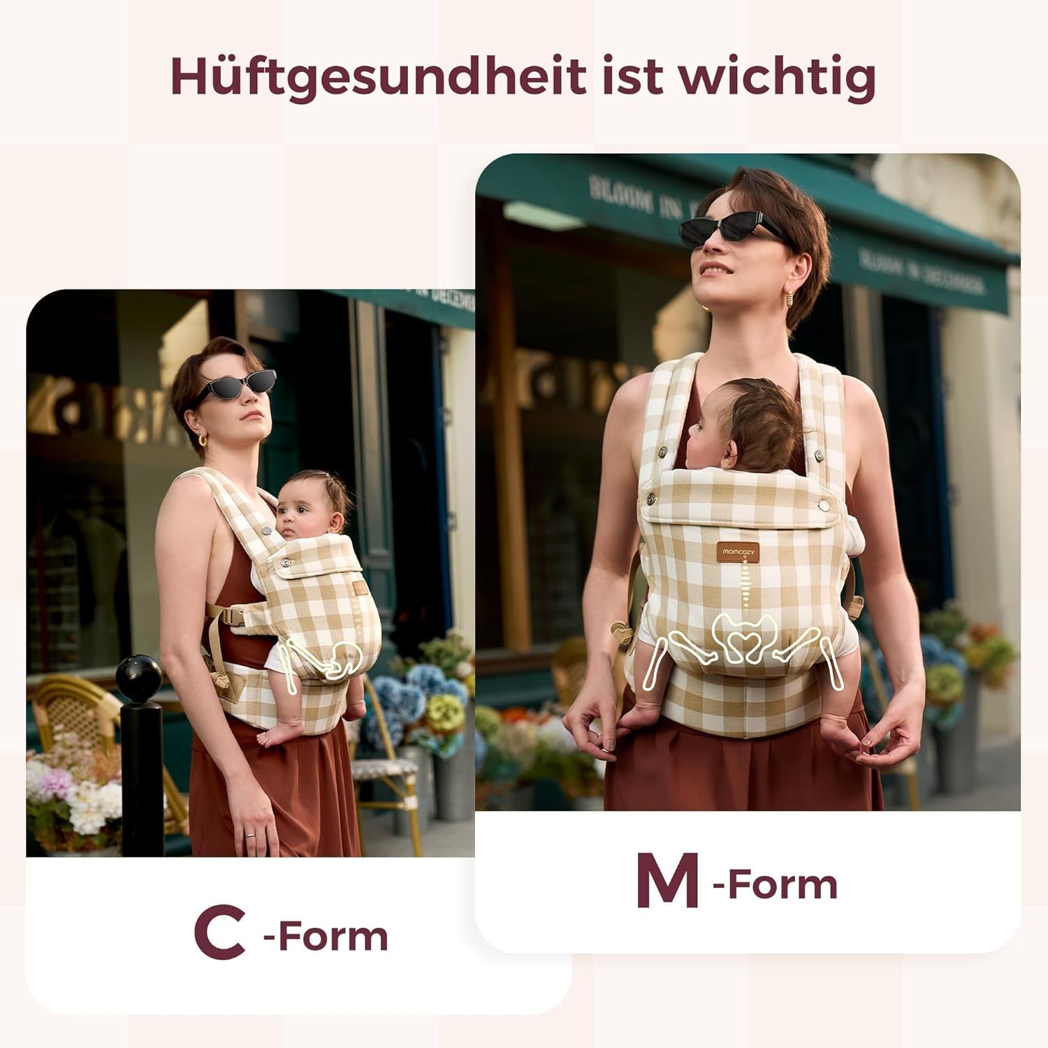 Babydrager met leisteen-ruitpatroon. Links: C-vorm. Rechts: M-vorm. Tekst: Heupgezondheid is belangrijk.
