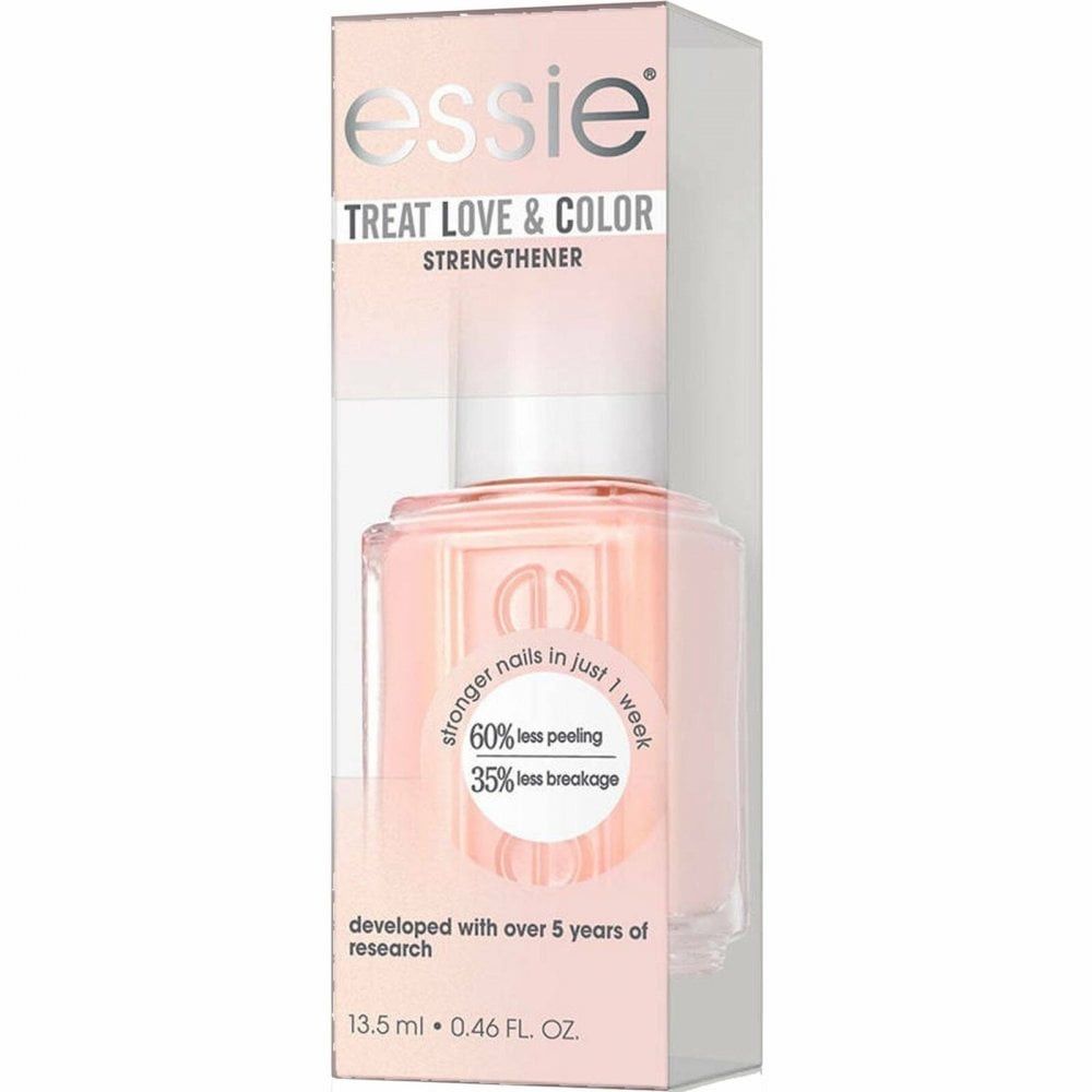 Vernis à ongles Essie Treat Love & Color en emballage. Flacon rose avec bouchon blanc. Inscription : stronger nails in just 1 week.