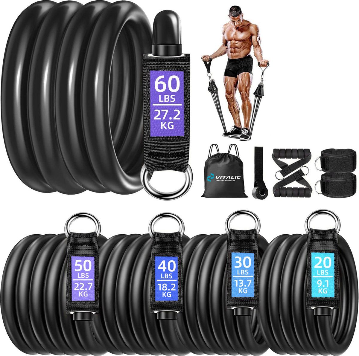 Ensemble de fitness avec bandes de résistance. Comprend des anneaux avec indications de poids, un sac de transport, des poignées, des sangles de cheville et un homme utilisant le produit.