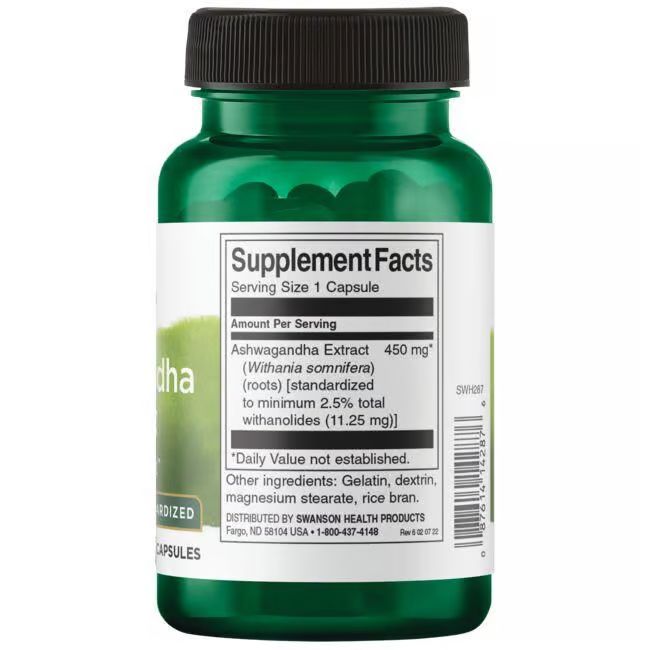 Flacon vert de Swanson Ashwagandha Extract. Informations nutritionnelles, ingrédients et coordonnées du fabricant au dos.