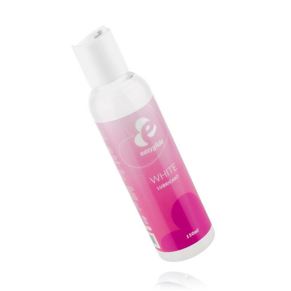 Transparante fles met witte dop. Roze etiket met "easyglide", "WHITE LUBRICANT" en 150ml.