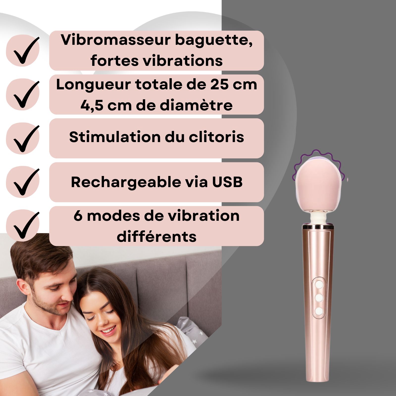 Vibrateur rose. Texte: Vibrateur baguette, fortes vibrations, 25cm long, 4,5cm diamètre, rechargeable USB.