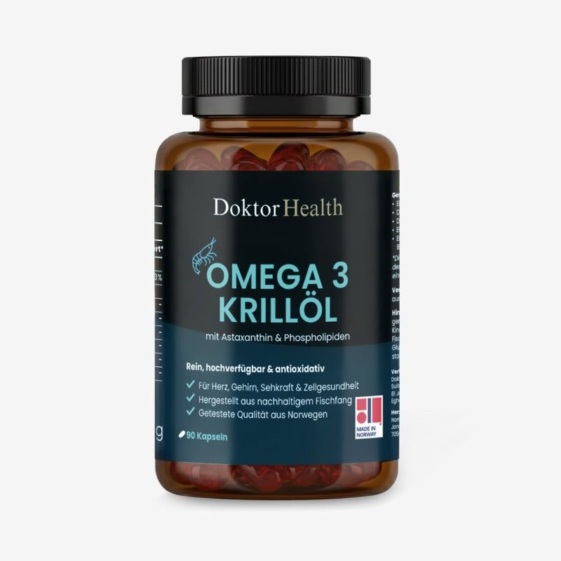 Flacon brun d'Omega-3 Krillöl avec gélules rouges. Inscription: Doktor Health, Omega 3 Krillöl. 90 gélules.