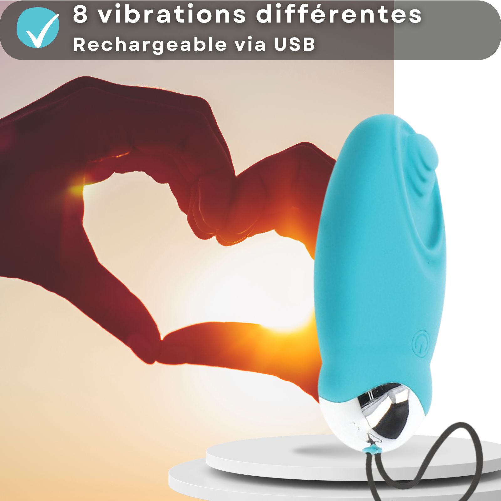 Oeuf vibrant bleu avec télécommande. Texte: silicone, ABS, 9cm long, 3,3cm diamètre, rechargeable USB, 8 modes.