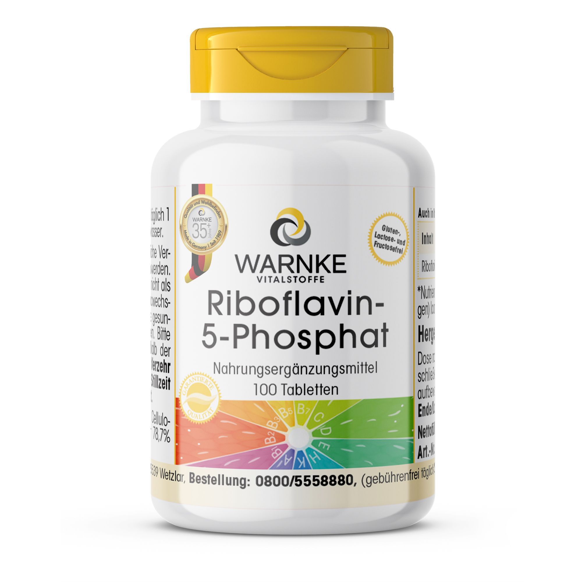 Witte fles met gele dop. Opschrift: Warnke Vitalstoffe Riboflavin-5-Phosphat. Voedingssupplement. 100 tabletten. Met certificering.