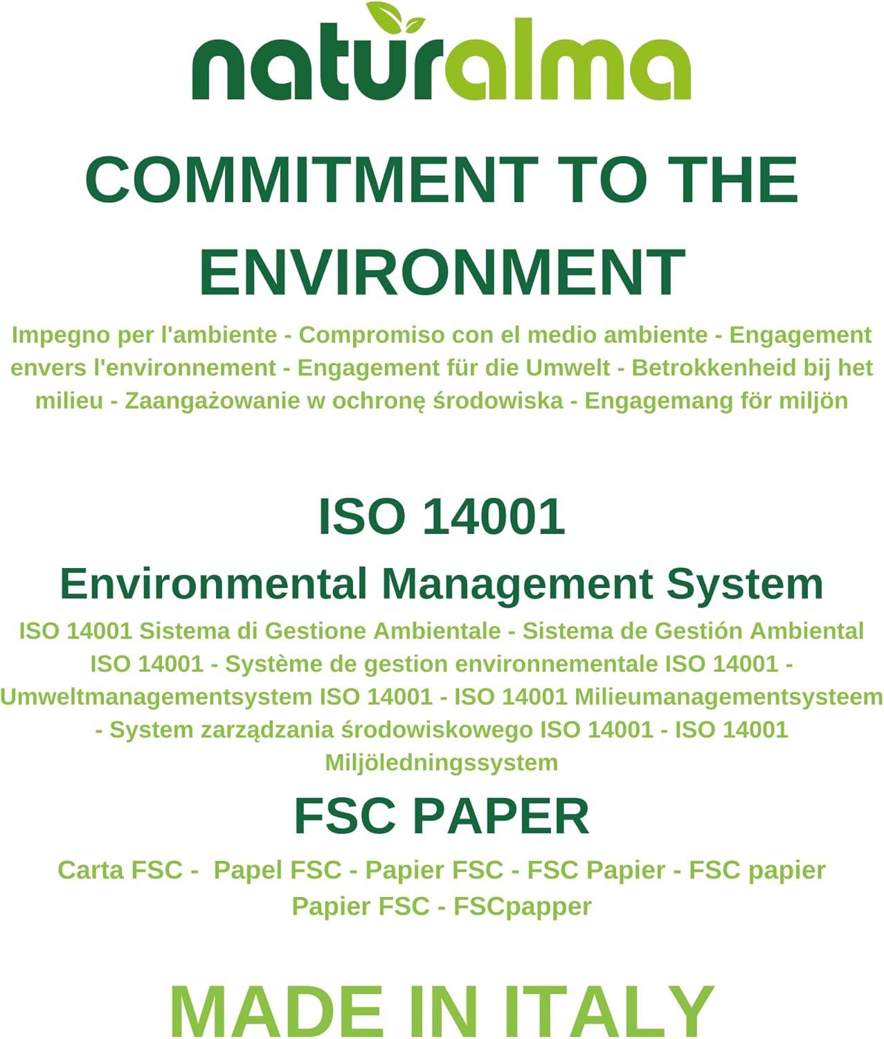 Texte avec le logo Naturalma et l'affirmation "COMMITMENT TO THE ENVIRONMENT". Contient des informations sur la gestion environnementale et le papier FSC.